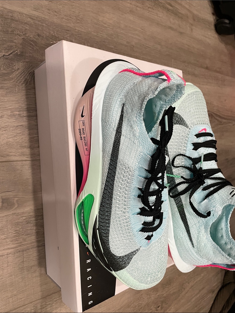 Nike Alphafly Women’s Mint Green and Black Flyknit Racing Shoes with Pink